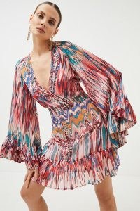 KAREN MILLEN Tie Dye Studded Woven Mini Drama Kimono Dress / voluminous multicolored bohemian dresses / glamorous summer evening clothes