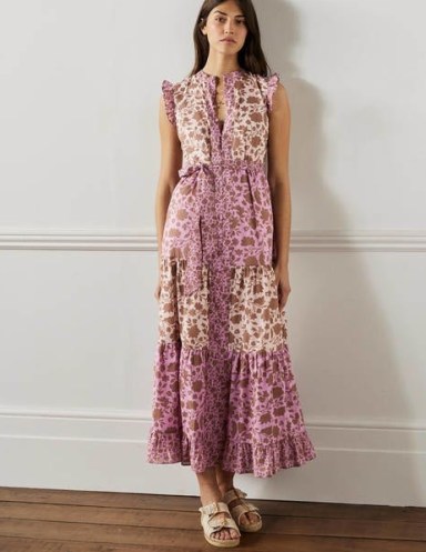 Boden Tiered Ruffle Maxi Dress Orchid Botanic Silhouette ~ floral print ruffled shoulder tie waist dresses ~ pink colour block summer fashion - flipped
