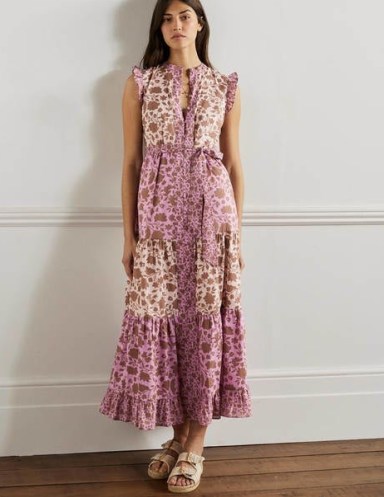 Boden Tiered Ruffle Maxi Dress Orchid Botanic Silhouette ~ floral print ruffled shoulder tie waist dresses ~ pink colour block summer fashion