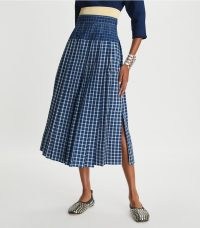 Tory Burch PICNIC PLAID SILK PLEATED SKIRT – blue and white checked split hem summer skirts – women’s chic casual clothes