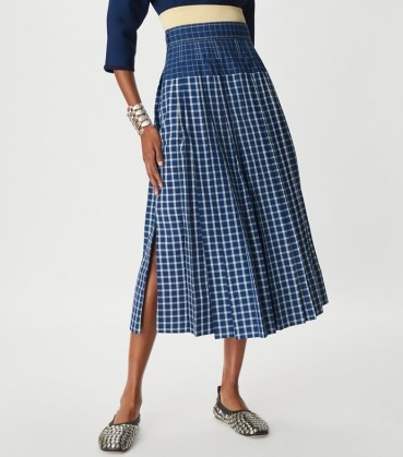 Tory Burch PICNIC PLAID SILK PLEATED SKIRT – blue and white checked split hem summer skirts – women’s chic casual clothes - flipped