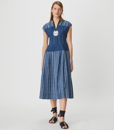Tory Burch PICNIC PLAID SILK CLAIRE MCCARDELL DRESS Blue / White – women’s check print summer dresses - flipped
