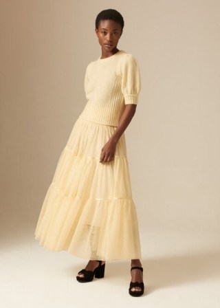 me and em Tulle Tiered Maxi Skirt in Soft Lemon | yellow sheer net overlay skirts | women’s feminine look clothes - flipped
