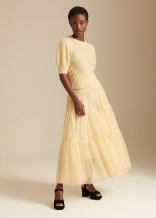 me and em Tulle Tiered Maxi Skirt in Soft Lemon | yellow sheer net overlay skirts | women’s feminine look clothes