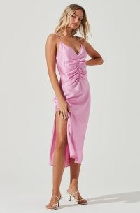 ASTR THE LABEL VALINDA RUCHED FRONT MIDI DRESS PINK ORCHID ~ plunge front spaghetti strap gathered detail ~ slinky satin style evening fashion ~ skinny shoulder strap split hem going out clothes