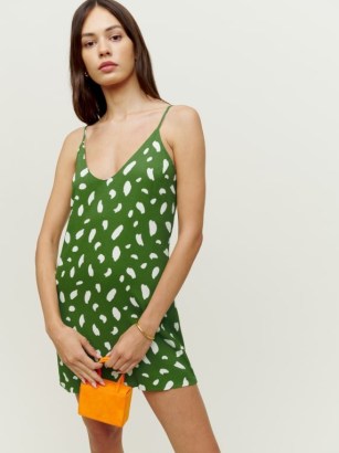 Reformation Ventura Dress in Artsy | printed green mini slip dresses | skinny shoulder strap clothes | spaghetti straps