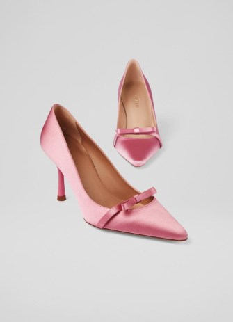 L.K. BENNETT Viola PinkSatin Bow Front Courts ~ feminine pointed toe court shoes ~ luxe stiletto heel occasion shoes ~ pretty summer event footwear - flipped