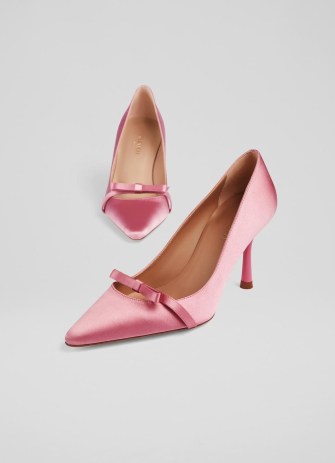 L.K. BENNETT Viola PinkSatin Bow Front Courts ~ feminine pointed toe court shoes ~ luxe stiletto heel occasion shoes ~ pretty summer event footwear
