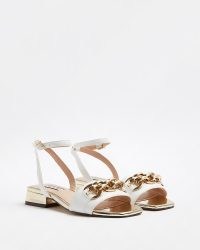 RIVER ISLAND WHITE CHAIN DETAIL SANDALS – low block heel square toe ankle strap sandals