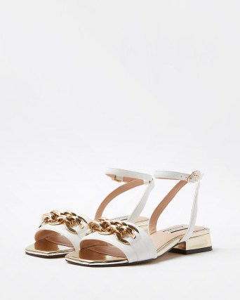 RIVER ISLAND WHITE CHAIN DETAIL SANDALS – low block heel square toe ankle strap sandals - flipped