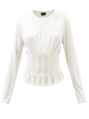 TOM FORD Corset-panelled silk-jersey top ~ white long sleeved cinched waist tops - flipped