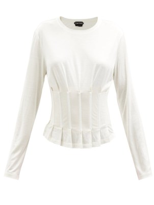 TOM FORD Corset-panelled silk-jersey top ~ white long sleeved cinched waist tops