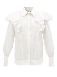 AJE Kindred flounced cotton-twill blouse ~ white ruffled collared blouses ~ romantic style balloon sleeved shirts