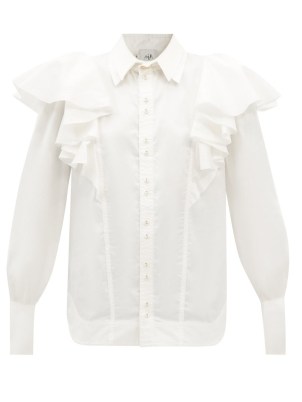 AJE Kindred flounced cotton-twill blouse ~ white ruffled collared blouses ~ romantic style balloon sleeved shirts - flipped
