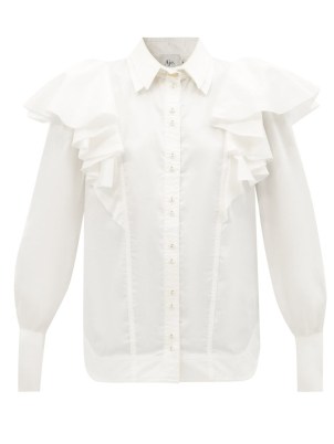 AJE Kindred flounced cotton-twill blouse ~ white ruffled collared blouses ~ romantic style balloon sleeved shirts
