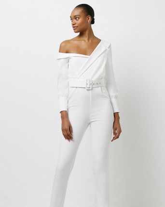 RIVER ISLAND WHITE ONE SHOULDER JUMPSUIT – belted asymmetric neckline jumpsuits – on-trend going out evening fashion - flipped