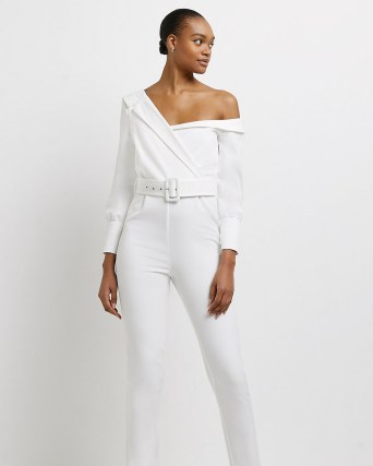 RIVER ISLAND WHITE ONE SHOULDER JUMPSUIT – belted asymmetric neckline jumpsuits – on-trend going out evening fashion