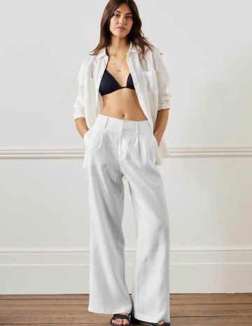 Boden Wide Leg Linen Trousers – womens white front pleated trousers – womens effortless summer style clothes - flipped