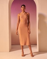 Abercrombie & Fitch Asymmetrical Cutout Knit Midi Dress in Light Brown – women’s on-trend cut out detail dresses – asymmetric clothing