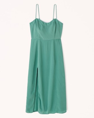 Abercrombie & Fitch Clean High-Slit Midi Dress ~ green split hem cami strap dresses ~ sweetheart neckline clothes - flipped