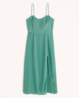 Abercrombie & Fitch Clean High-Slit Midi Dress ~ green split hem cami strap dresses ~ sweetheart neckline clothes