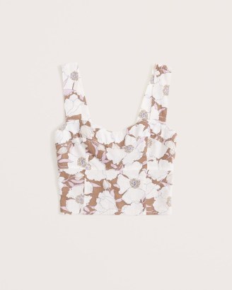 Abercrombie & Fitch Linen-Blend Corset Set Top / brown floral print crop tops / cropped fitted bodice summer tank - flipped