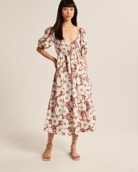 Abercrombie & Fitch O-Ring Puff Sleeve Midi Dress / brown floral print sweetheart neckline dresses