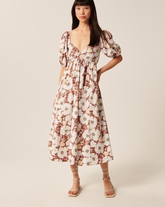 Abercrombie & Fitch O-Ring Puff Sleeve Midi Dress / brown floral print sweetheart neckline dresses - flipped