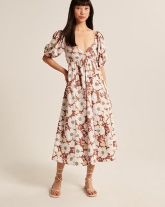 Abercrombie & Fitch O-Ring Puff Sleeve Midi Dress / brown floral print ...