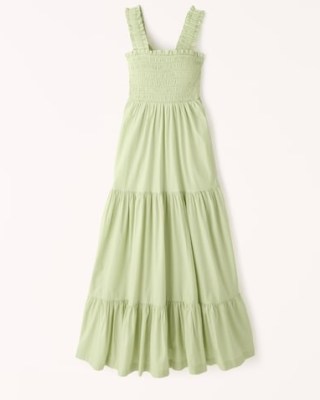 Abercrombie & Fitch Smocked Bodice Easy Maxi Dress in Lime Green ~ tiered long length ruffle shoulder strap summer dresses - flipped