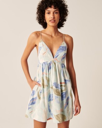 Abercrombie & Fitch V-Neck Babydoll Mini Dress / light blue floral spaghetti strap dresses / strappy plunge front fashion - flipped