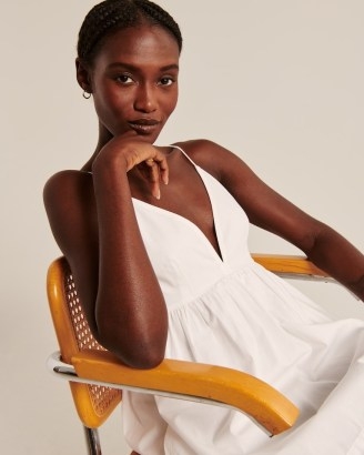 Abercrombie & Fitch V-Neck Babydoll Mini Dress in white | plunge front skinny shoulder strap dresses - flipped