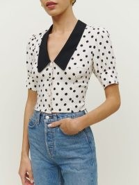 Reformation Wren Top in Portofino | spot print retro inspired tops | vintage style puff sleeve polks dot print blouses