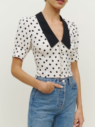 Reformation Wren Top in Portofino | spot print retro inspired tops | vintage style puff sleeve polks dot print blouses - flipped