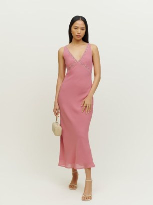 REFORMATION Yasmina Dress in Ladies Room ~ pink sleeveless vintage style slip dress ~ date night outfits
