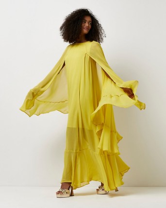 RIVER ISLAND YELLOW LAYERED MAXI DRESS – flowing semi sheer retro evening dresses – vintage style party clothes - flipped