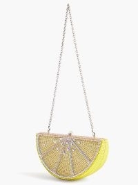 JUDITH LEIBER Lemon Slice crystal-embellished clutch | yelloow luxury minaudière evening bags | glamorous occasion minaudières | luxe fruit themed special event handbags