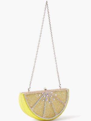 JUDITH LEIBER Lemon Slice crystal-embellished clutch | yelloow luxury minaudière evening bags | glamorous occasion minaudières | luxe fruit themed special event handbags - flipped