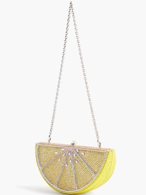 JUDITH LEIBER Lemon Slice crystal-embellished clutch | yelloow luxury minaudière evening bags | glamorous occasion minaudières | luxe fruit themed special event handbags