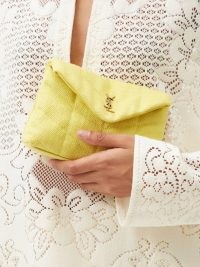 SAINT LAURENT Monogram matelassé-canvas envelope clutch / small yellow handbags / logo embellished designer bags