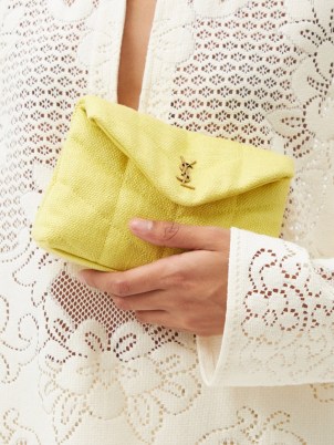 SAINT LAURENT Monogram matelassé-canvas envelope clutch / small yellow handbags / logo embellished designer bags