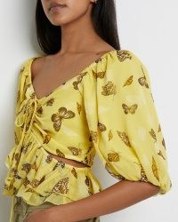 RIVER ISLAND YELLOW RUCHED CUT OUT TOP – womens butterfly print tops