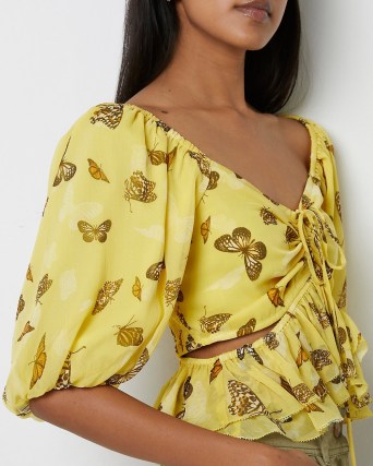 RIVER ISLAND YELLOW RUCHED CUT OUT TOP – womens butterfly print tops - flipped