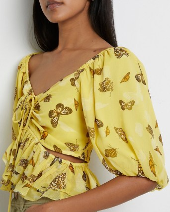 RIVER ISLAND YELLOW RUCHED CUT OUT TOP – womens butterfly print tops
