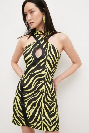 KAREN MILLEN Zebra Printed Keyhole Halter Mini Dress / animal print evening dresses / glamorous halterneck clothes - flipped