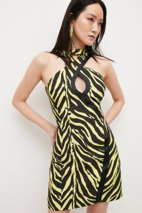 KAREN MILLEN Zebra Printed Keyhole Halter Mini Dress / animal print evening dresses / glamorous halterneck clothes