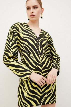 KAREN MILLEN Zebra Printed Strong Shoulder Dress / long sleeved V-neck animal print dresses - flipped