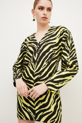 KAREN MILLEN Zebra Printed Strong Shoulder Dress / long sleeved V-neck animal print dresses