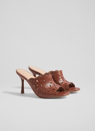 L.K. BENNETT Abigail Tan Leather Perforated Mules ~ brown cut out mule sandals - flipped
