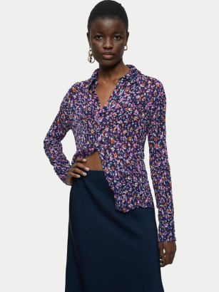 JIGSAW Abstract Floral Crinkled Shirt / womens navy flower print shirts - flipped